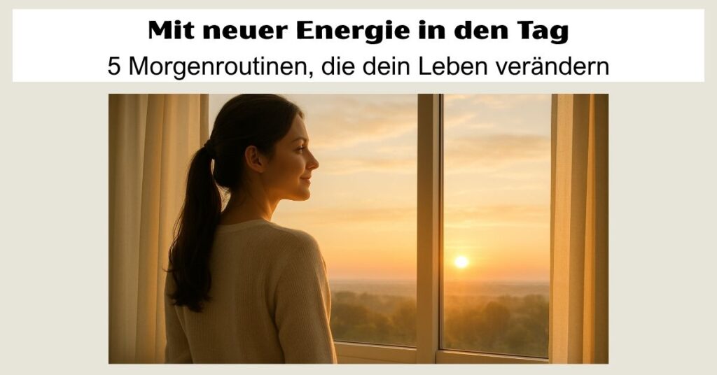 Glückliche Frau blickt beim Sonnenaufgang aus dem Fenster - mit neuer Energie in den Tag starten