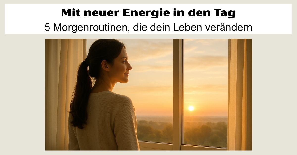 Glückliche Frau blickt beim Sonnenaufgang aus dem Fenster - mit neuer Energie in den Tag starten