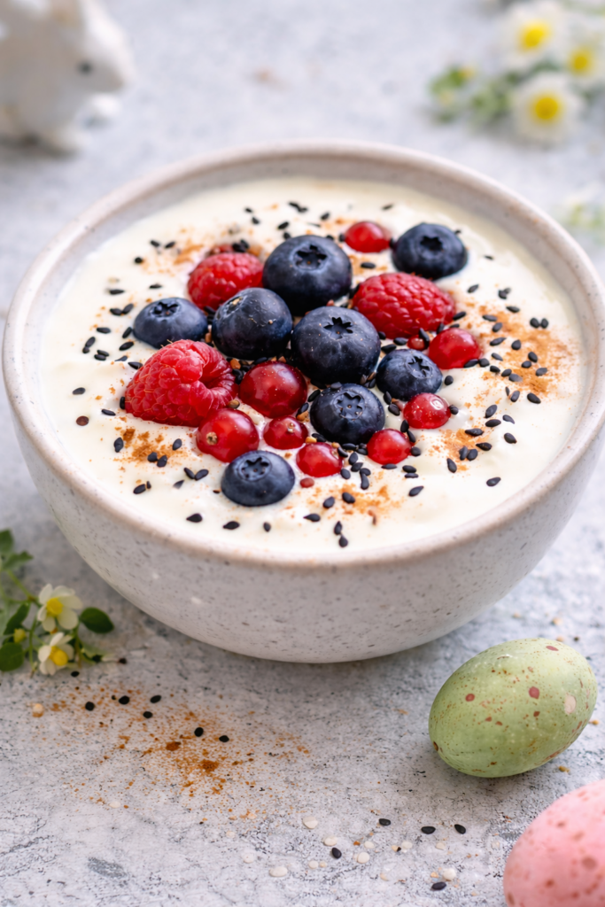 Joghurt mit Beeren und schwarzem Sesam